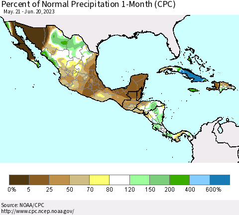 Mexico Central America and the Caribbean Percent of Normal Precipitation 1-Month (CPC) Thematic Map For 5/21/2023 - 6/20/2023