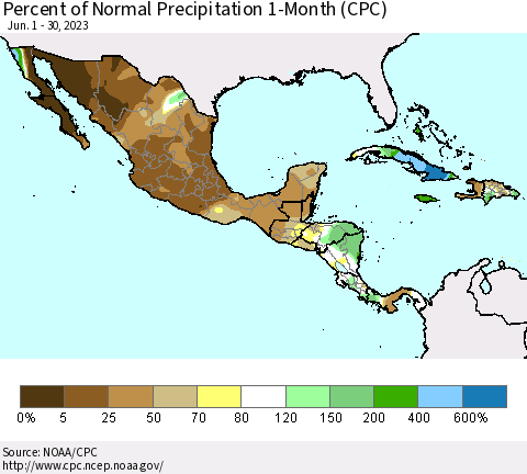 Mexico Central America and the Caribbean Percent of Normal Precipitation 1-Month (CPC) Thematic Map For 6/1/2023 - 6/30/2023