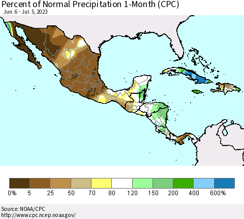 Mexico Central America and the Caribbean Percent of Normal Precipitation 1-Month (CPC) Thematic Map For 6/6/2023 - 7/5/2023