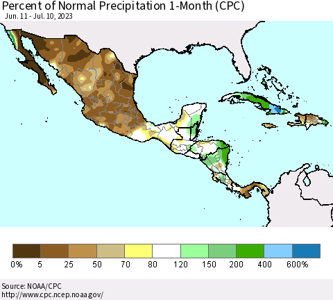 Mexico Central America and the Caribbean Percent of Normal Precipitation 1-Month (CPC) Thematic Map For 6/11/2023 - 7/10/2023