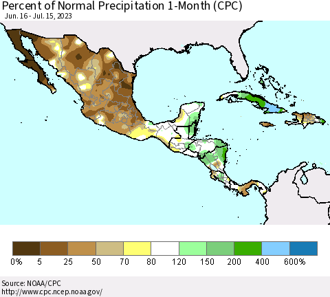 Mexico Central America and the Caribbean Percent of Normal Precipitation 1-Month (CPC) Thematic Map For 6/16/2023 - 7/15/2023
