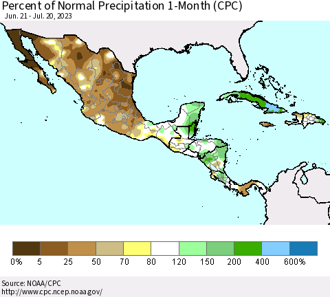 Mexico Central America and the Caribbean Percent of Normal Precipitation 1-Month (CPC) Thematic Map For 6/21/2023 - 7/20/2023