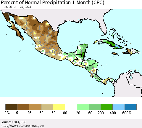 Mexico Central America and the Caribbean Percent of Normal Precipitation 1-Month (CPC) Thematic Map For 6/26/2023 - 7/25/2023