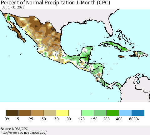 Mexico Central America and the Caribbean Percent of Normal Precipitation 1-Month (CPC) Thematic Map For 7/1/2023 - 7/31/2023