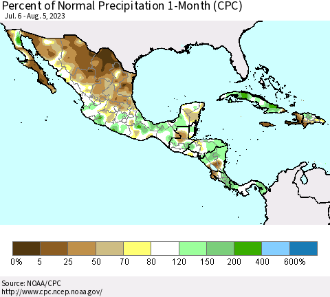 Mexico Central America and the Caribbean Percent of Normal Precipitation 1-Month (CPC) Thematic Map For 7/6/2023 - 8/5/2023