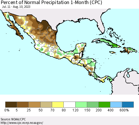 Mexico Central America and the Caribbean Percent of Normal Precipitation 1-Month (CPC) Thematic Map For 7/11/2023 - 8/10/2023
