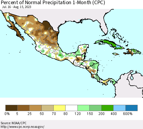 Mexico Central America and the Caribbean Percent of Normal Precipitation 1-Month (CPC) Thematic Map For 7/16/2023 - 8/15/2023