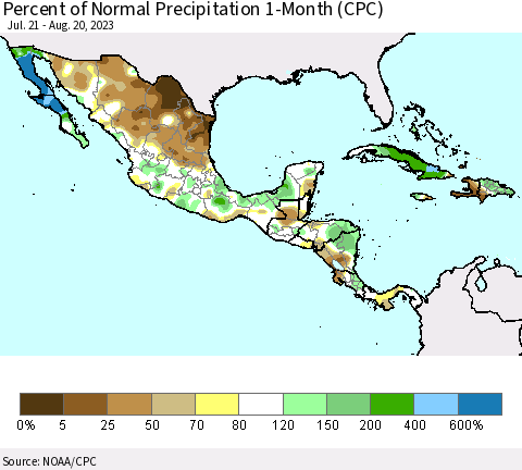 Mexico Central America and the Caribbean Percent of Normal Precipitation 1-Month (CPC) Thematic Map For 7/21/2023 - 8/20/2023