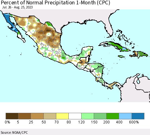 Mexico Central America and the Caribbean Percent of Normal Precipitation 1-Month (CPC) Thematic Map For 7/26/2023 - 8/25/2023