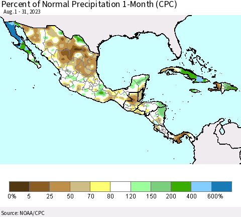 Mexico Central America and the Caribbean Percent of Normal Precipitation 1-Month (CPC) Thematic Map For 8/1/2023 - 8/31/2023