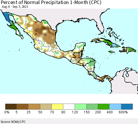 Mexico Central America and the Caribbean Percent of Normal Precipitation 1-Month (CPC) Thematic Map For 8/6/2023 - 9/5/2023