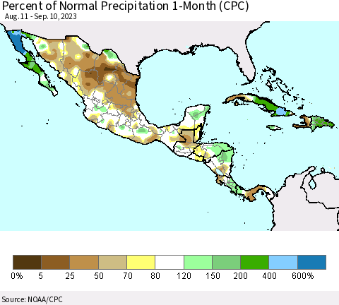 Mexico Central America and the Caribbean Percent of Normal Precipitation 1-Month (CPC) Thematic Map For 8/11/2023 - 9/10/2023