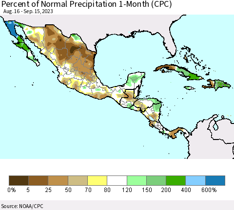Mexico Central America and the Caribbean Percent of Normal Precipitation 1-Month (CPC) Thematic Map For 8/16/2023 - 9/15/2023