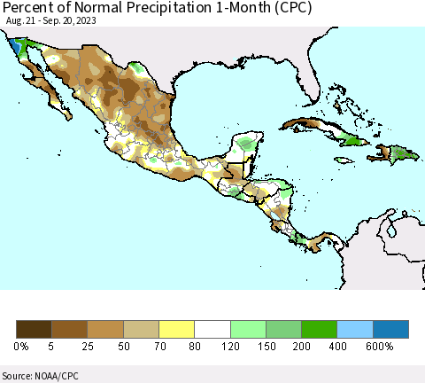 Mexico Central America and the Caribbean Percent of Normal Precipitation 1-Month (CPC) Thematic Map For 8/21/2023 - 9/20/2023