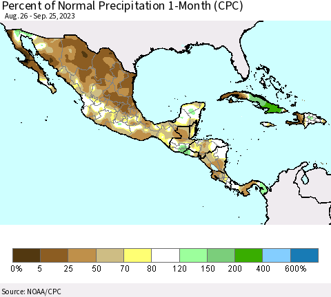 Mexico Central America and the Caribbean Percent of Normal Precipitation 1-Month (CPC) Thematic Map For 8/26/2023 - 9/25/2023