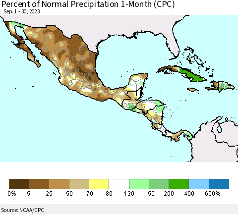 Mexico Central America and the Caribbean Percent of Normal Precipitation 1-Month (CPC) Thematic Map For 9/1/2023 - 9/30/2023