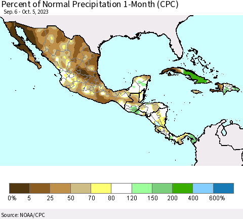 Mexico Central America and the Caribbean Percent of Normal Precipitation 1-Month (CPC) Thematic Map For 9/6/2023 - 10/5/2023