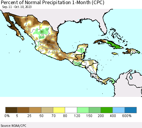 Mexico Central America and the Caribbean Percent of Normal Precipitation 1-Month (CPC) Thematic Map For 9/11/2023 - 10/10/2023