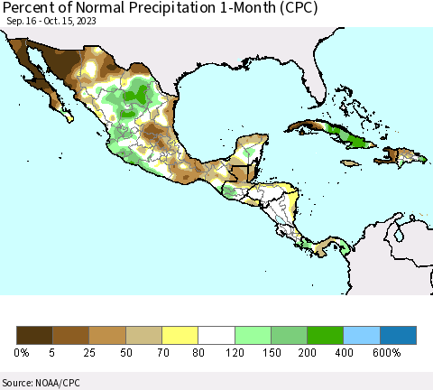 Mexico Central America and the Caribbean Percent of Normal Precipitation 1-Month (CPC) Thematic Map For 9/16/2023 - 10/15/2023
