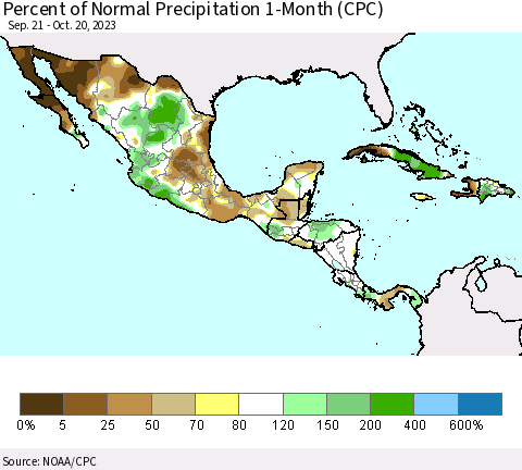 Mexico Central America and the Caribbean Percent of Normal Precipitation 1-Month (CPC) Thematic Map For 9/21/2023 - 10/20/2023