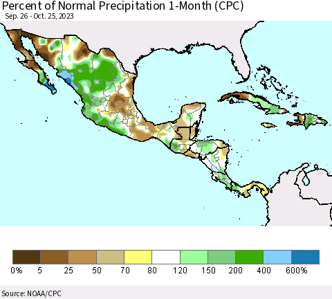 Mexico Central America and the Caribbean Percent of Normal Precipitation 1-Month (CPC) Thematic Map For 9/26/2023 - 10/25/2023