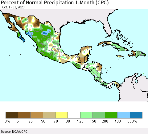 Mexico Central America and the Caribbean Percent of Normal Precipitation 1-Month (CPC) Thematic Map For 10/1/2023 - 10/31/2023