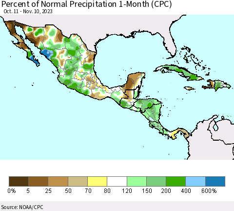 Mexico Central America and the Caribbean Percent of Normal Precipitation 1-Month (CPC) Thematic Map For 10/11/2023 - 11/10/2023