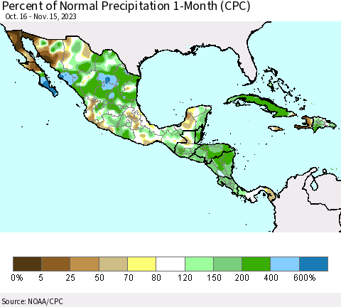 Mexico Central America and the Caribbean Percent of Normal Precipitation 1-Month (CPC) Thematic Map For 10/16/2023 - 11/15/2023