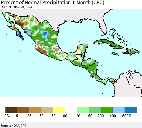 Mexico Central America and the Caribbean Percent of Normal Precipitation 1-Month (CPC) Thematic Map For 10/21/2023 - 11/20/2023