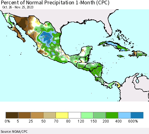 Mexico Central America and the Caribbean Percent of Normal Precipitation 1-Month (CPC) Thematic Map For 10/26/2023 - 11/25/2023