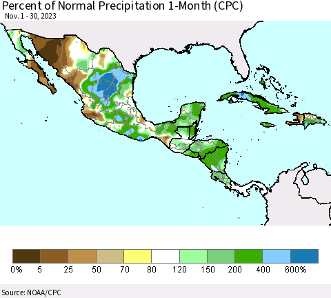 Mexico Central America and the Caribbean Percent of Normal Precipitation 1-Month (CPC) Thematic Map For 11/1/2023 - 11/30/2023