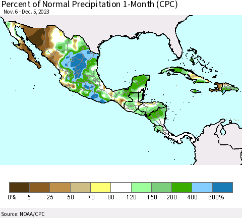 Mexico Central America and the Caribbean Percent of Normal Precipitation 1-Month (CPC) Thematic Map For 11/6/2023 - 12/5/2023