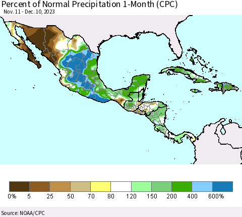 Mexico Central America and the Caribbean Percent of Normal Precipitation 1-Month (CPC) Thematic Map For 11/11/2023 - 12/10/2023