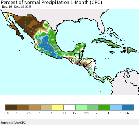 Mexico Central America and the Caribbean Percent of Normal Precipitation 1-Month (CPC) Thematic Map For 11/16/2023 - 12/15/2023