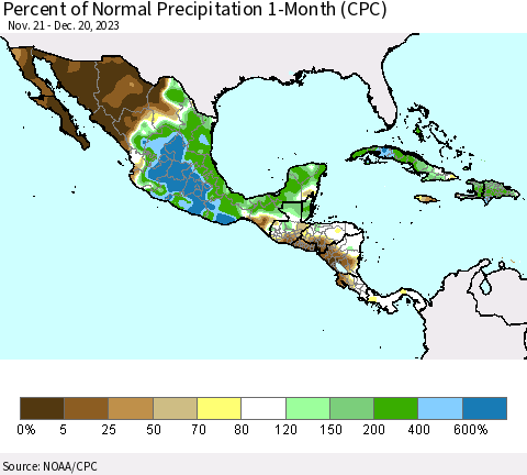 Mexico Central America and the Caribbean Percent of Normal Precipitation 1-Month (CPC) Thematic Map For 11/21/2023 - 12/20/2023