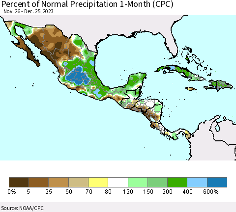 Mexico Central America and the Caribbean Percent of Normal Precipitation 1-Month (CPC) Thematic Map For 11/26/2023 - 12/25/2023