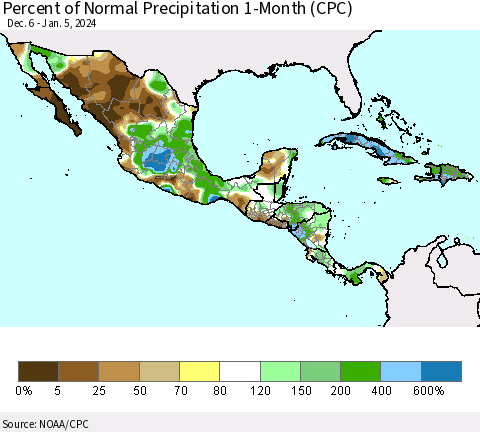 Mexico Central America and the Caribbean Percent of Normal Precipitation 1-Month (CPC) Thematic Map For 12/6/2023 - 1/5/2024