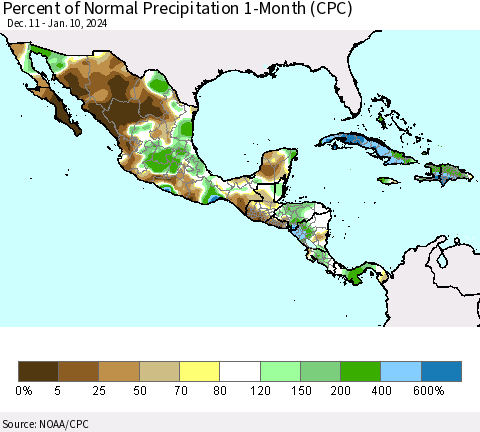 Mexico Central America and the Caribbean Percent of Normal Precipitation 1-Month (CPC) Thematic Map For 12/11/2023 - 1/10/2024