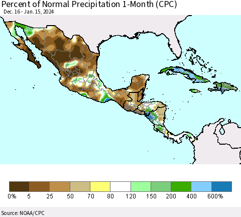 Mexico Central America and the Caribbean Percent of Normal Precipitation 1-Month (CPC) Thematic Map For 12/16/2023 - 1/15/2024