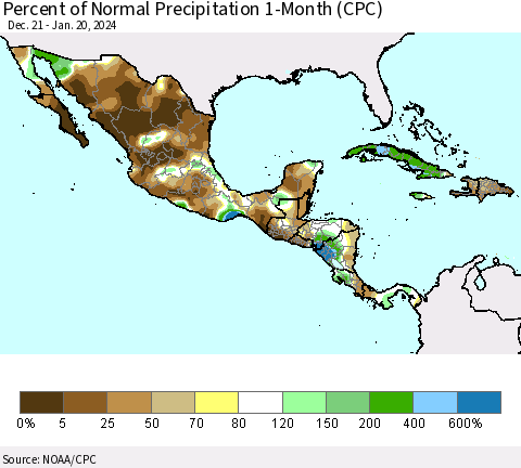 Mexico Central America and the Caribbean Percent of Normal Precipitation 1-Month (CPC) Thematic Map For 12/21/2023 - 1/20/2024