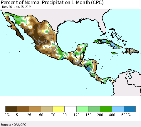 Mexico Central America and the Caribbean Percent of Normal Precipitation 1-Month (CPC) Thematic Map For 12/26/2023 - 1/25/2024