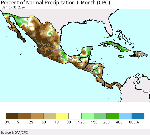 Mexico Central America and the Caribbean Percent of Normal Precipitation 1-Month (CPC) Thematic Map For 1/1/2024 - 1/31/2024