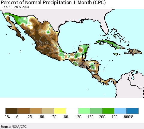 Mexico Central America and the Caribbean Percent of Normal Precipitation 1-Month (CPC) Thematic Map For 1/6/2024 - 2/5/2024