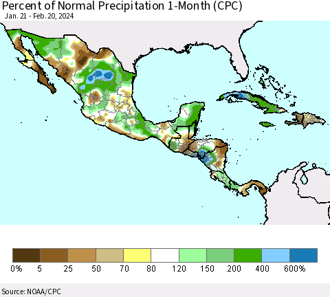 Mexico Central America and the Caribbean Percent of Normal Precipitation 1-Month (CPC) Thematic Map For 1/21/2024 - 2/20/2024