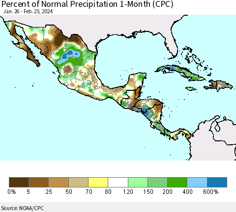 Mexico Central America and the Caribbean Percent of Normal Precipitation 1-Month (CPC) Thematic Map For 1/26/2024 - 2/25/2024