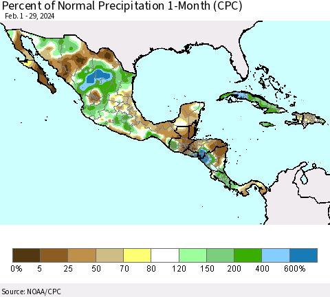Mexico Central America and the Caribbean Percent of Normal Precipitation 1-Month (CPC) Thematic Map For 2/1/2024 - 2/29/2024