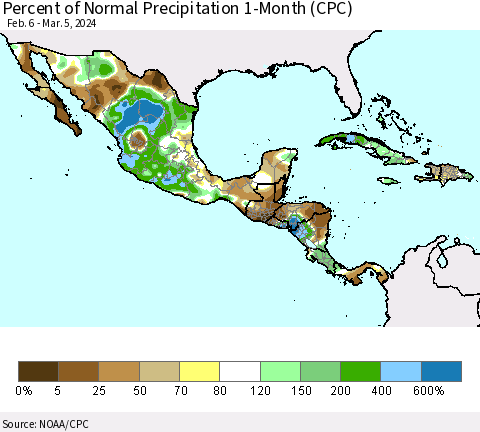 Mexico Central America and the Caribbean Percent of Normal Precipitation 1-Month (CPC) Thematic Map For 2/6/2024 - 3/5/2024