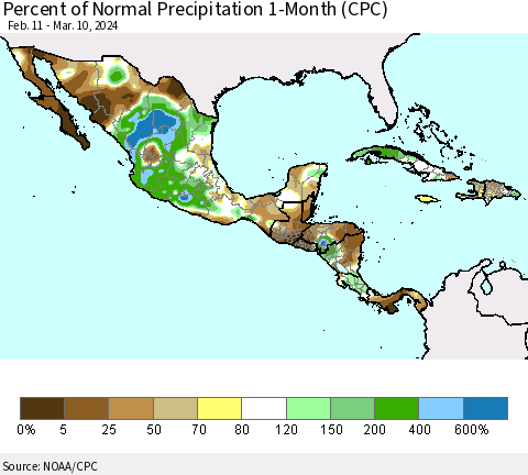 Mexico Central America and the Caribbean Percent of Normal Precipitation 1-Month (CPC) Thematic Map For 2/11/2024 - 3/10/2024