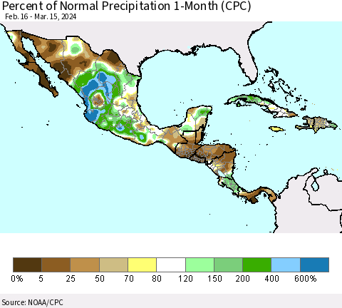 Mexico Central America and the Caribbean Percent of Normal Precipitation 1-Month (CPC) Thematic Map For 2/16/2024 - 3/15/2024