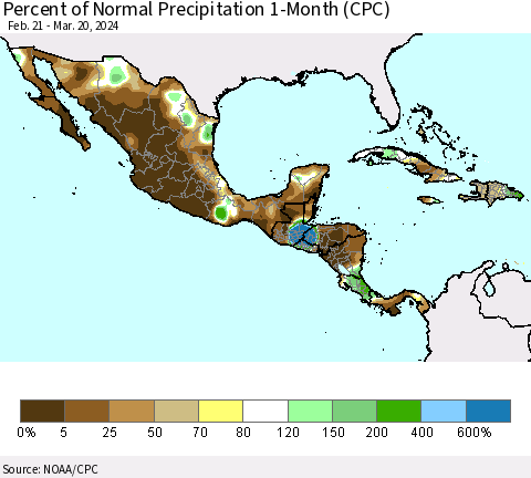 Mexico Central America and the Caribbean Percent of Normal Precipitation 1-Month (CPC) Thematic Map For 2/21/2024 - 3/20/2024